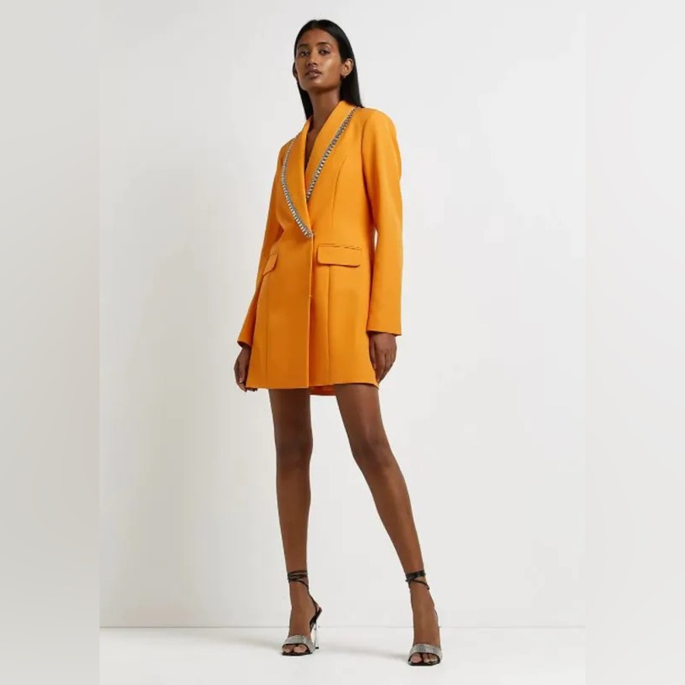 Orange river island blazer dress with rhinestone collar
